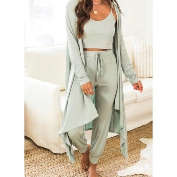 Pink Lily Sweaters - Pink Lily Green Ribbed Long Open Front Duster / Cardigan Size S